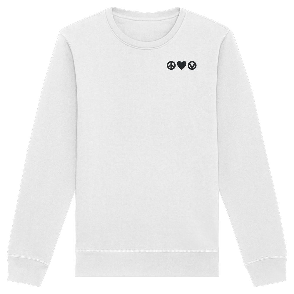 Vegan und Bio Sweatshirt bestickt: Peace - Love - Veganism. Weißes Langarmshirt mit friedlichem, veganem Design, bestehend aus Peace-Zeichen, Herz und veganem Symbol auf Brust.