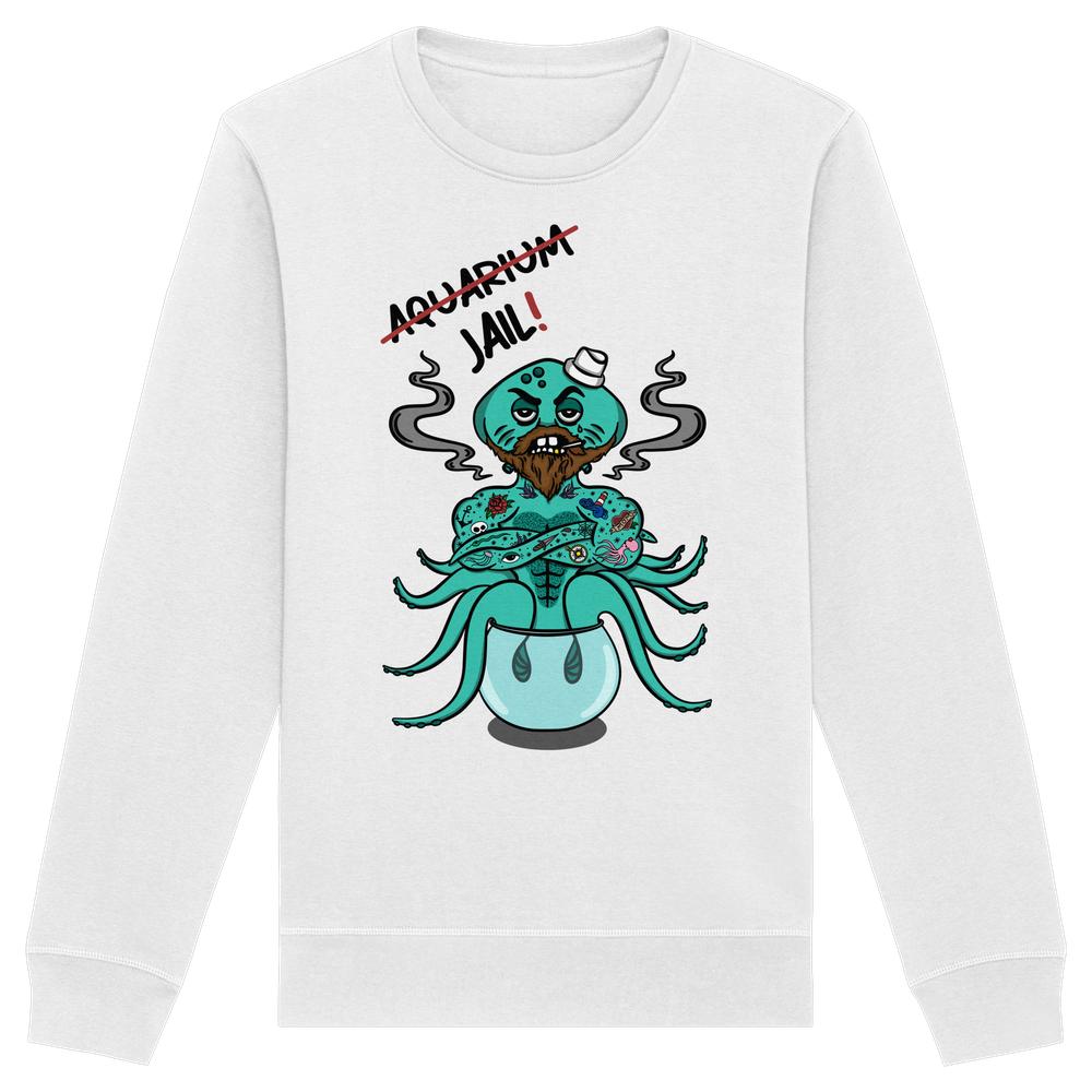 Unisex-Bio-Sweatshirt mit Cartoon eines bärtigen Tintenfischs im Aquarium, das durchgestrichen und mit JAIL! beschriftet ist. Rebellisches Design für Tierrechte.
