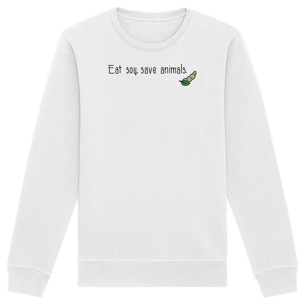 Unisex-Bio-Sweatshirt mit Eat soy, save animals-Slogan und Sojabohnen-Illustration; vegan und nachhaltig, aus Bio-Baumwolle und recyceltem Polyester.