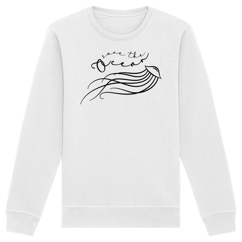 Vegan und Bio Unisex Sweatshirt: Jellyfish - Save the Ocean, zeigt eine zarte Qualle mit Slogan, betont nachhaltiges Design aus Bio-Baumwolle und recyceltem Polyester.