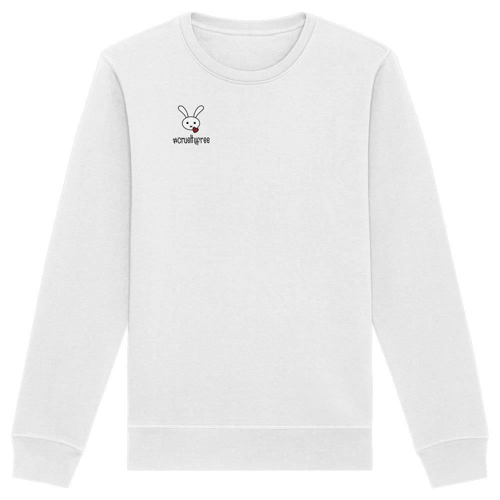 Vegan und Bio Unisex Sweatshirt: Crueltyfree Bunny, weiß mit Hasenkopf-Grafik und rotem Herz. Hergestellt aus Bio-Baumwolle und recyceltem Polyester, normale Passform.