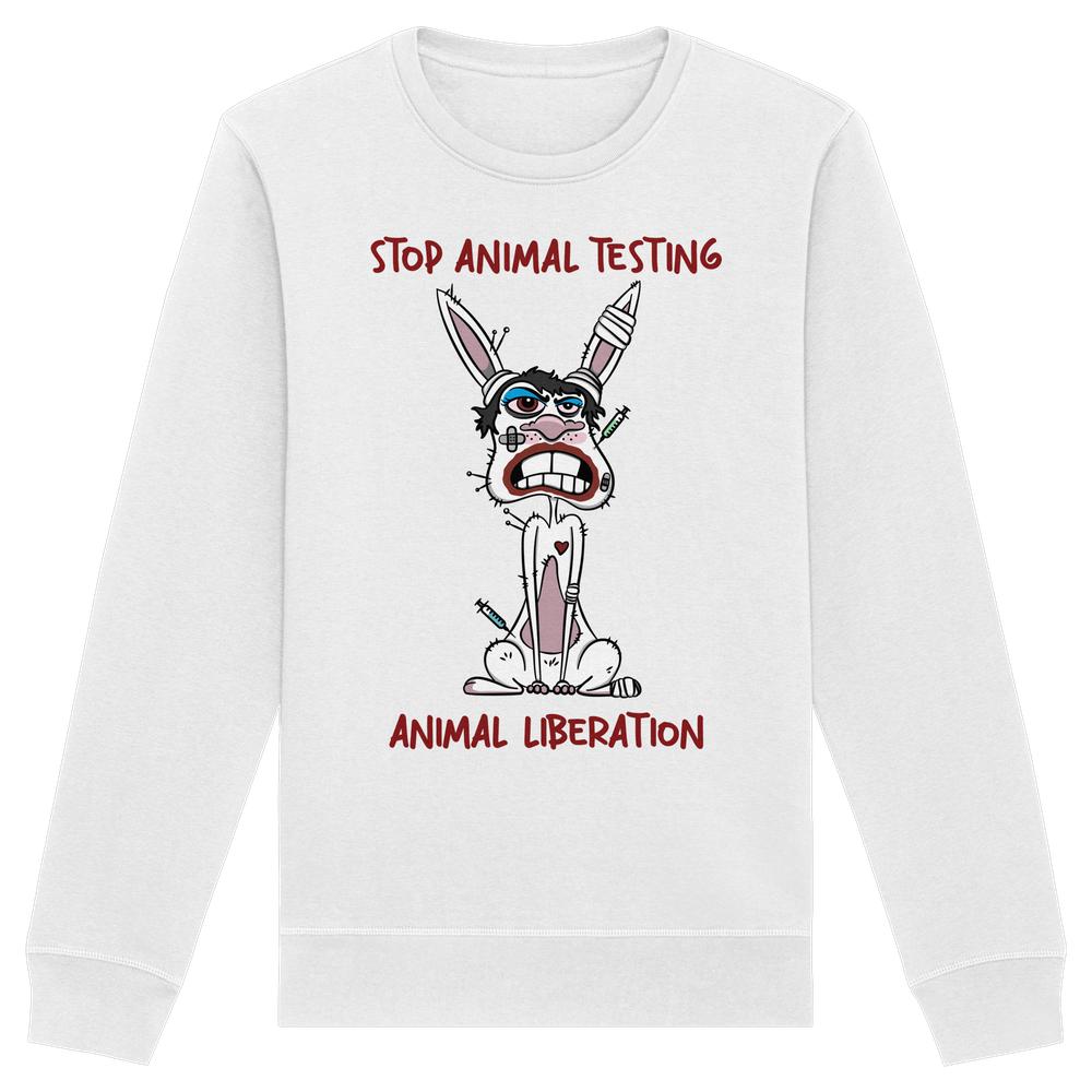 Vegan und Bio Unisex Sweatshirt zeigt ein wütendes Cartoon-Kaninchen mit Bandagen und Spritzen, umrahmt von „STOP ANIMAL TESTING“ und „ANIMAL LIBERATION“ in roter Schrift.
