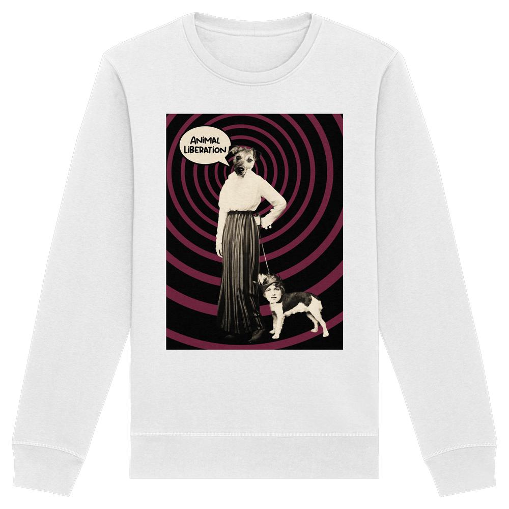 Vegan und Bio Unisex Sweatshirt: Upside Down - Animal Liberation, zeigt surrealen Print mit Mensch-Tier-Collage und Slogan, thematisiert humorvoll Tierrechte und Freiheit.