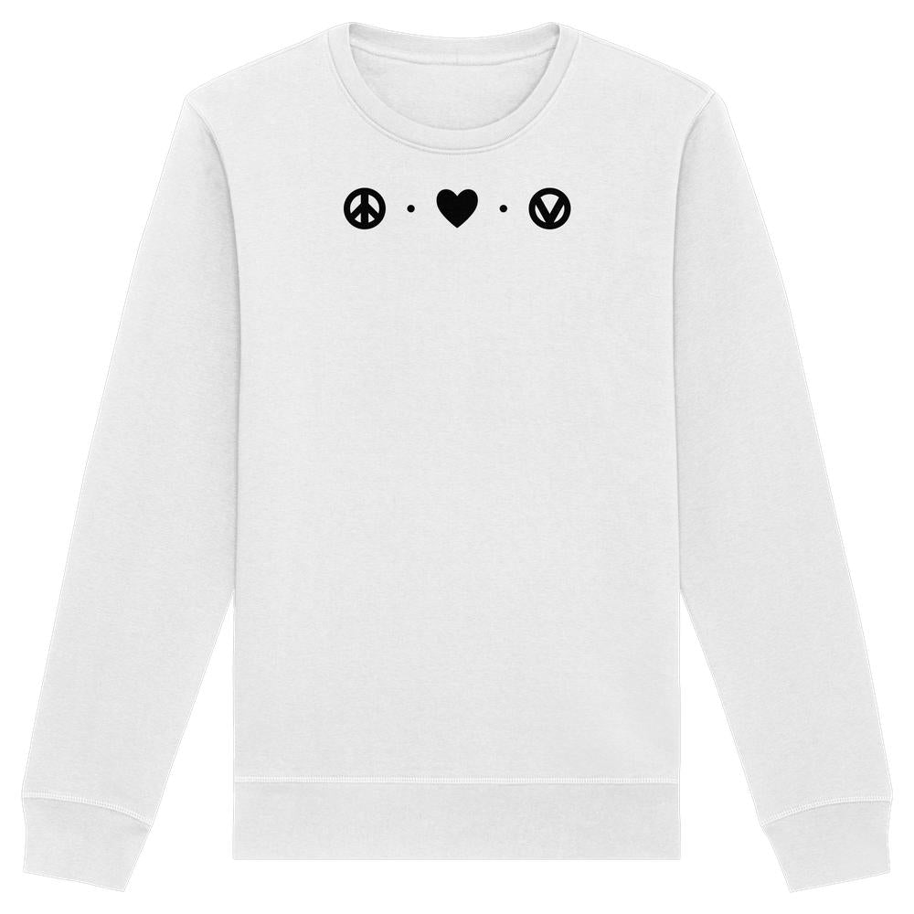 Vegan und Bio Unisex Sweatshirt: Peace - Love - Veganism, zeigt Symbole für Frieden, Liebe, Veganismus auf schlichtem weißen Sweatshirt. Nachhaltiges Design von RUDE REBEL.