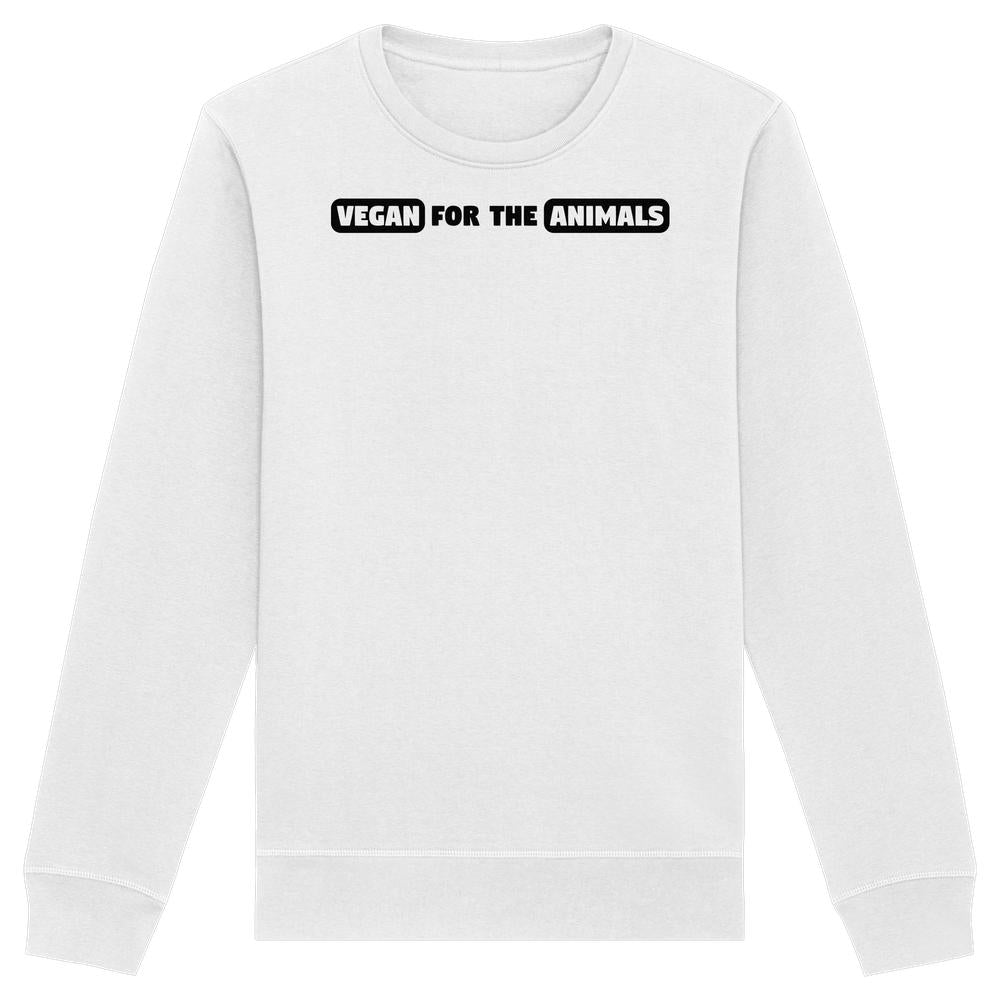 Weißes Unisex Sweatshirt mit dem Slogan VEGAN FOR THE ANIMALS auf der Brust, aus Bio-Baumwolle und recyceltem Polyester, normaler Schnitt.