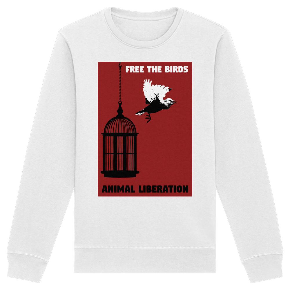 Vegan und Bio Unisex Sweatshirt: Free the birds - Animal Liberation, zeigt ein Vogelkäfig-Design mit fliegendem Vogel, symbolisiert Freiheit und Tierrechte, Bio-Baumwolle und recyceltes Material.