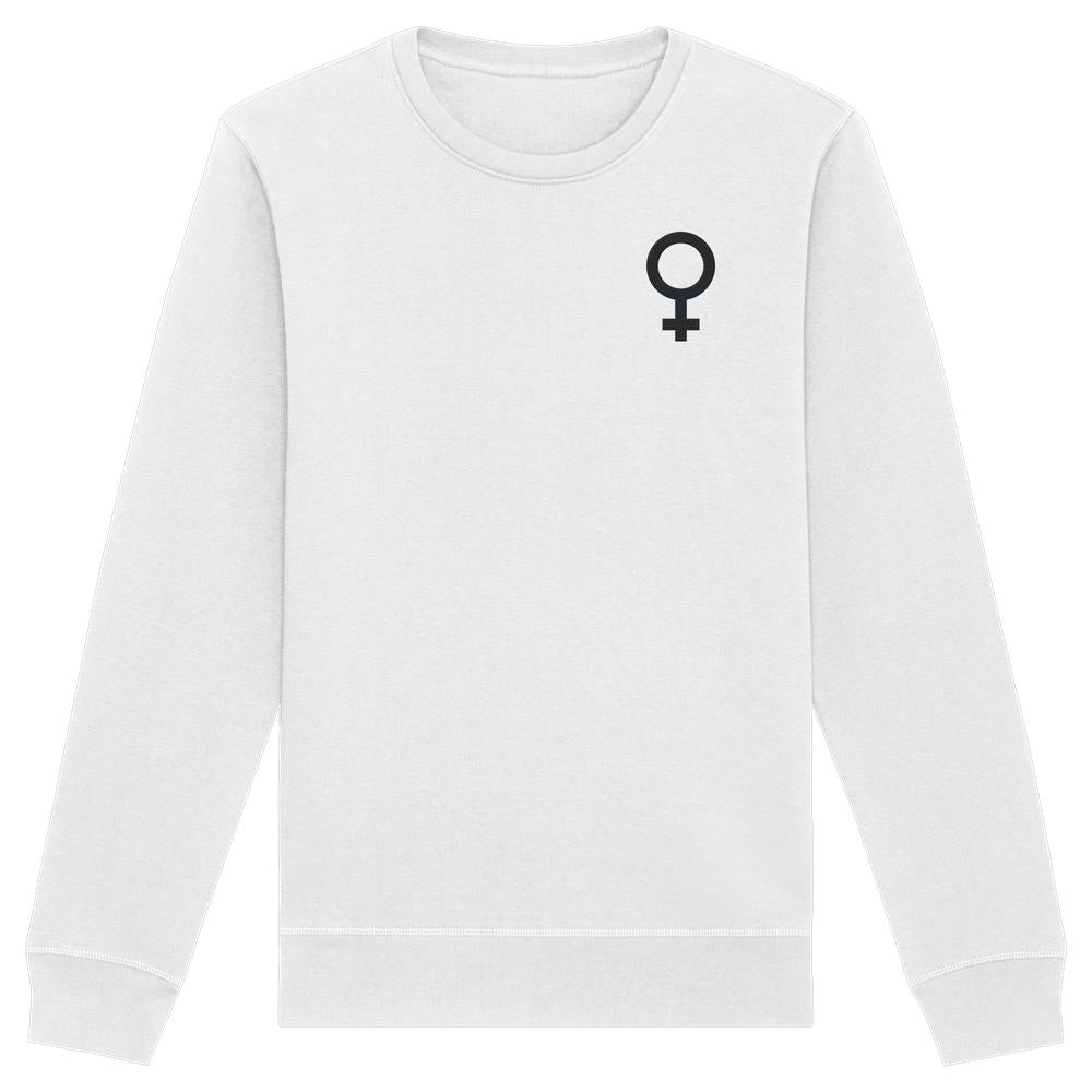 Veganes und Bio Sweatshirt mit Venussymbol auf der Brust, symbolisiert den feministischen Kampf, hergestellt aus Bio-Baumwolle und recyceltem Polyester.