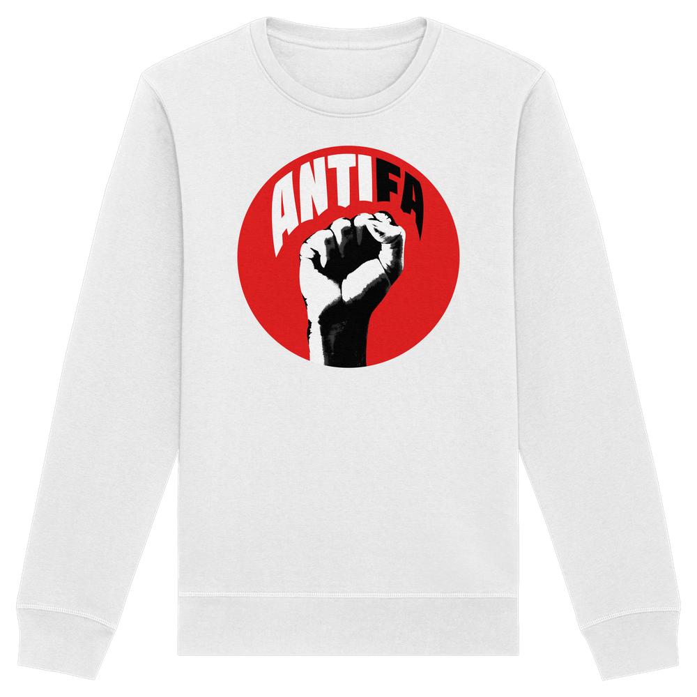 Vegan und Bio Unisex Sweatshirt: Antifa - Kampf gegen Rechts, zeigt ein kämpferisches Design mit rotem Kreis, erhobener Faust und ANTIFA-Schriftzug.