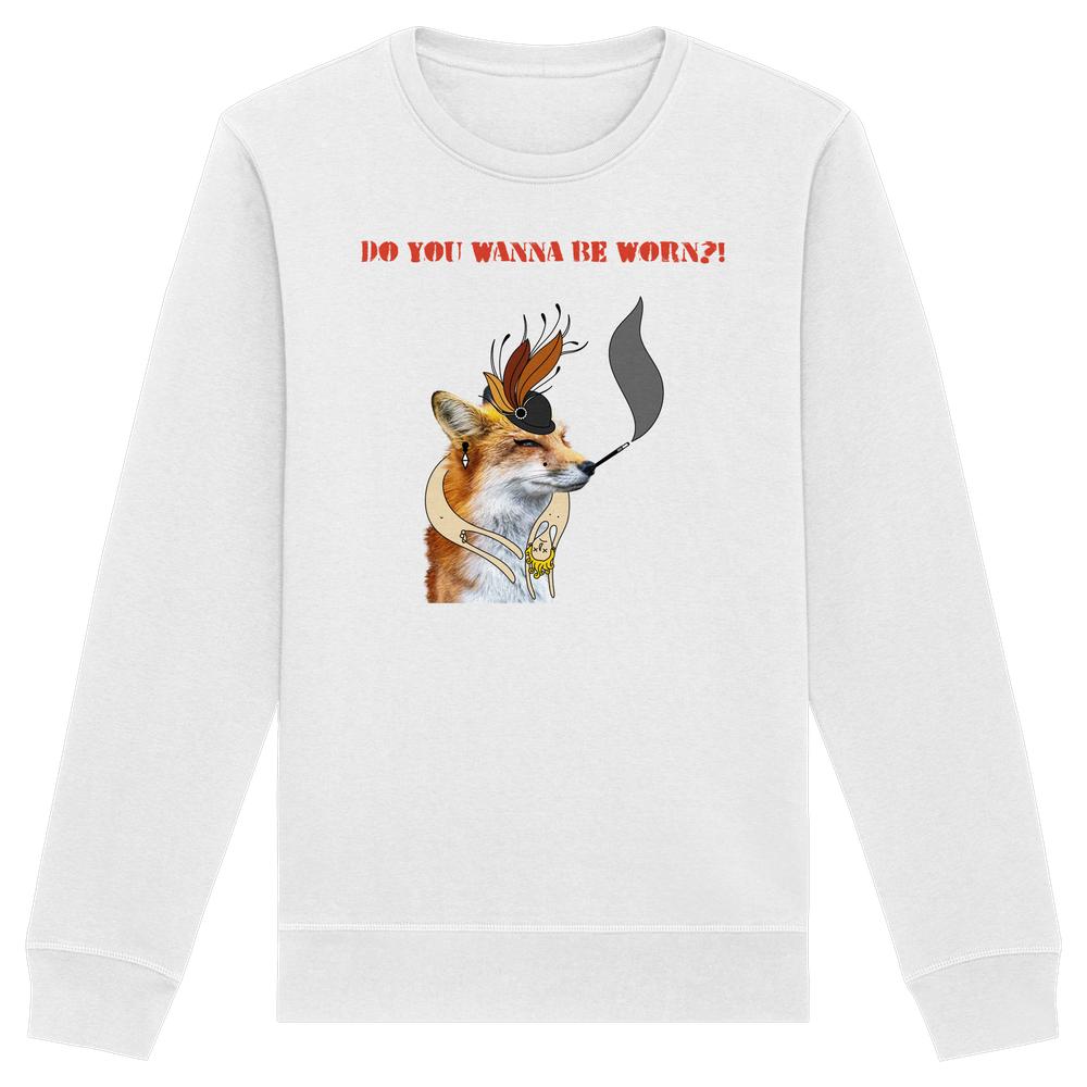 Vegan und Bio Unisex Sweatshirt: Mrs. Fox demonstriert gegen Pelz! zeigt einen illustrierten Fuchs mit Hut und Zigarette, umgeben von einem stilisierten gelben Wesen.