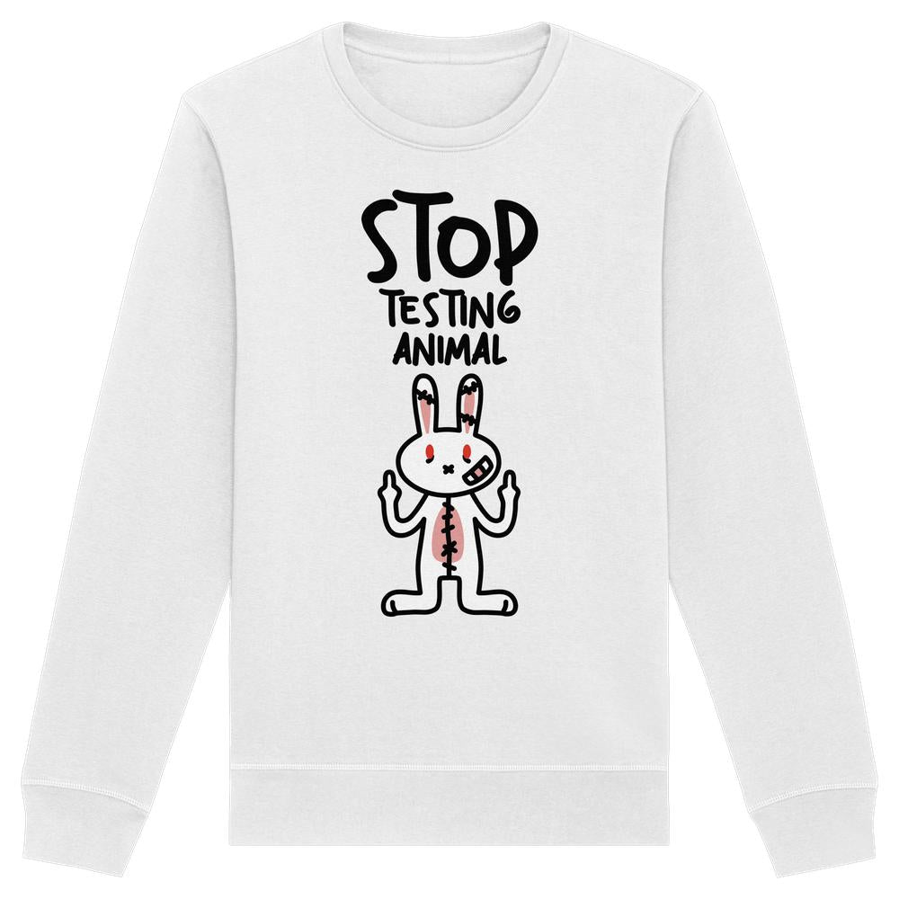 Vegan und Bio: Angry Rabbit - Animal Rights - Organic Basic Unisex Sweatshirt mit protestierendem Cartoon-Hase gegen Tierversuche, handgezeichnetes Design, 85 % Biobaumwolle, 15 % recyceltes Polyester.