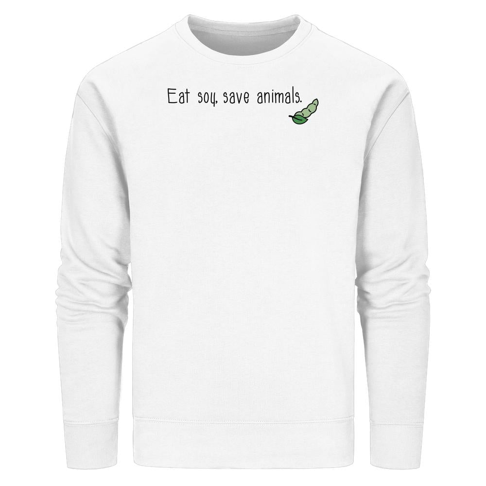 Unisex Sweatshirt aus Bio-Baumwolle mit Eat soy, save animals.-Slogan und Sojabohnen-Illustration, passend zum veganen und nachhaltigen Stil von RUDE REBEL.