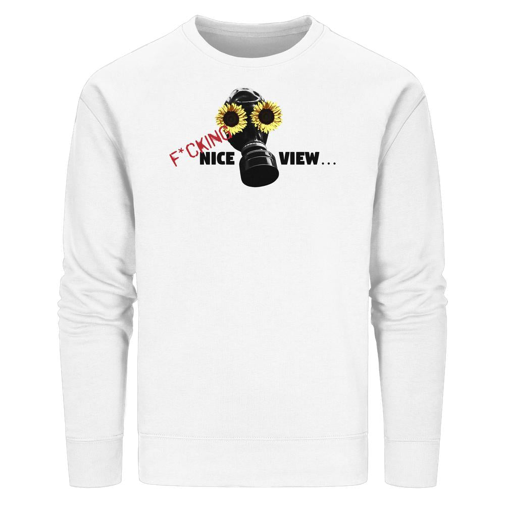 Vegan und Bio Unisex Sweatshirt: Sunflower Mask - F*cking nice view..., zeigt Gasmaske mit Sonnenblumenaugen, rebellisches Design aus Bio-Baumwolle und recyceltem Polyester.