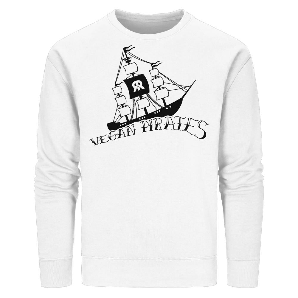 Vegan und Bio Unisex Sweatshirt: Vegan Pirates, zeigt ein Segelschiff mit Flagge und VEGAN PIRATES Schriftzug, aus Bio-Baumwolle und recyceltem Polyester, normale Passform.