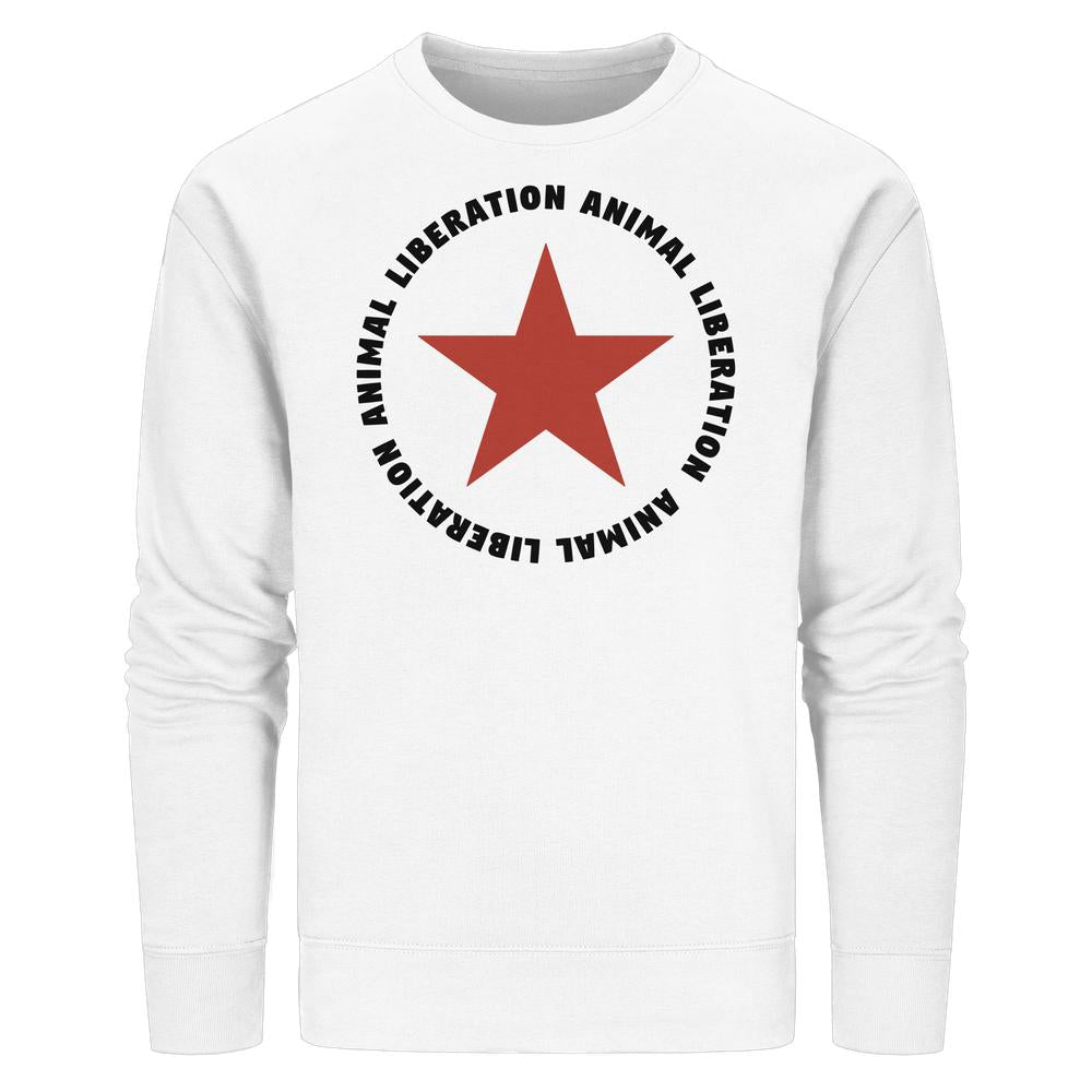Vegan und Bio Unisex Sweatshirt: Red Star and Animal Liberation, weißes Sweatshirt mit rotem Stern und ANIMAL LIBERATION in schwarzer Schrift, aus Bio-Baumwolle und recyceltem Polyester.