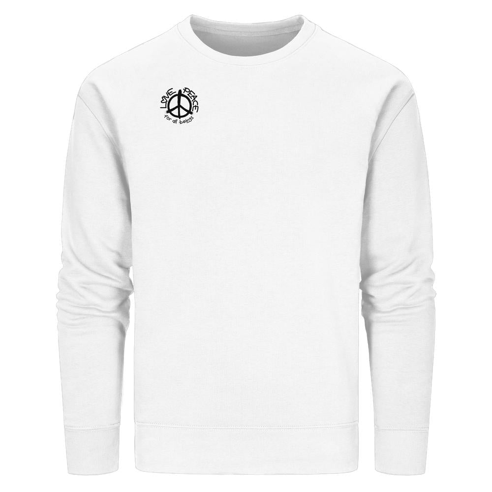 Vegan und Bio Unisex Sweatshirt mit kleinem Friedenssymbol und Live Peace for all beings-Aufdruck auf der Brust, aus Bio-Baumwolle und recyceltem Polyester.