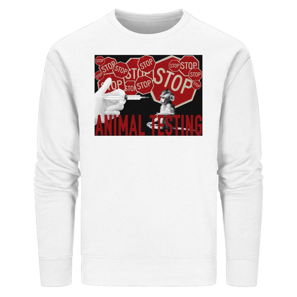 Vegan und Bio Unisex Hoodie, zeigt ein Statement gegen Tierversuche: Gloved hand mit Spritze, stop signs, roter Schriftzug ANIMAL TESTING, rebellisches Design von RUDE REBEL.