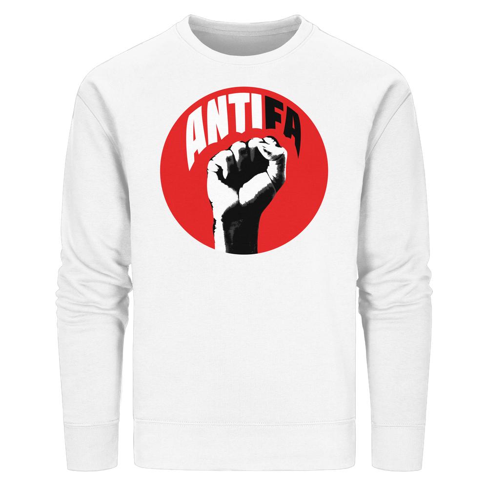 Vegan und Bio Unisex Sweatshirt: Antifa - Kampf gegen Rechts, zeigt eine rote Kreiskontur mit erhobener Faust und ANTIFA-Schriftzug, symbolisiert Widerstand gegen Faschismus.