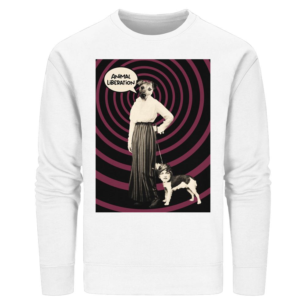 Vegan und Bio Unisex Sweatshirt mit surrealem Collage-Design: Hundekopf-Figur mit Leine und Frauengesicht-Hund, spiralförmiger Hintergrund, Sprechblase ANIMAL LIBERATION.