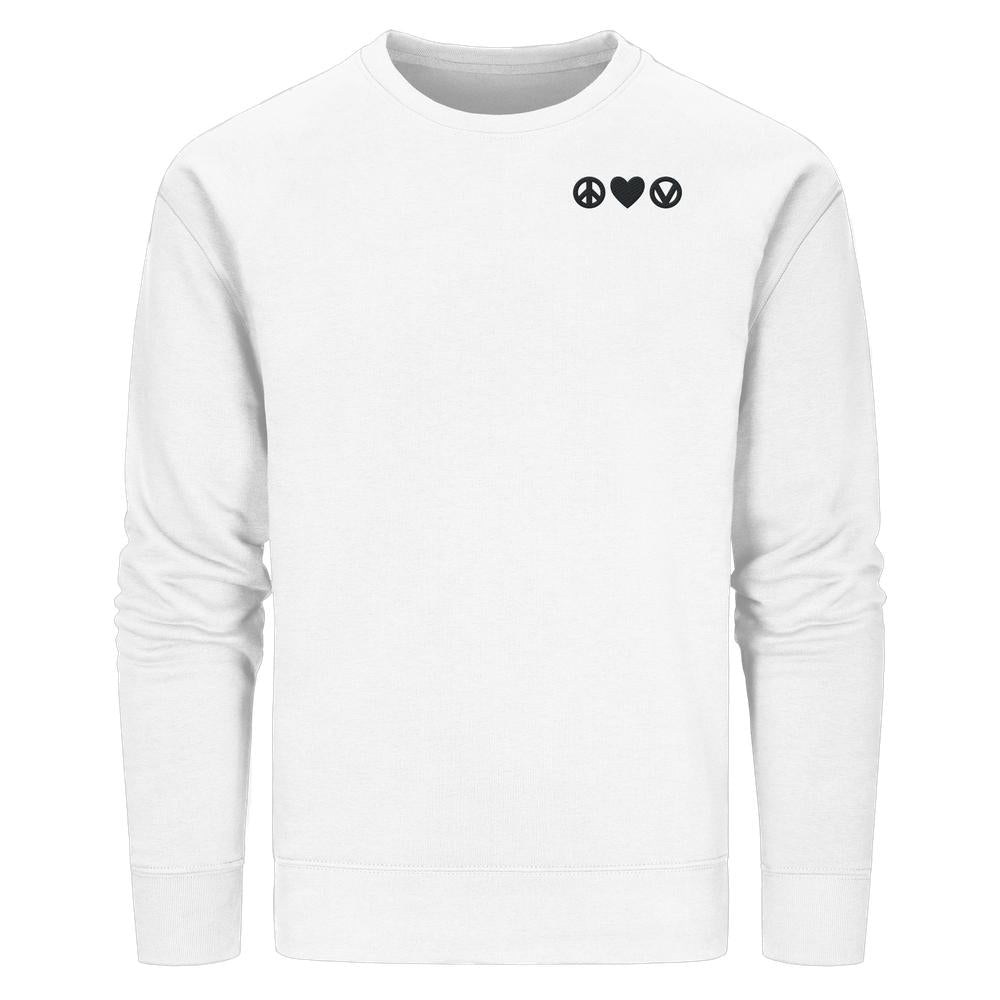 Vegan und Bio Sweatshirt bestickt: Peace - Love - Veganism. Weißes Langarmshirt mit kleinen Symbolen auf der Brust: Peace-Zeichen, Herz, veganer Kreis.