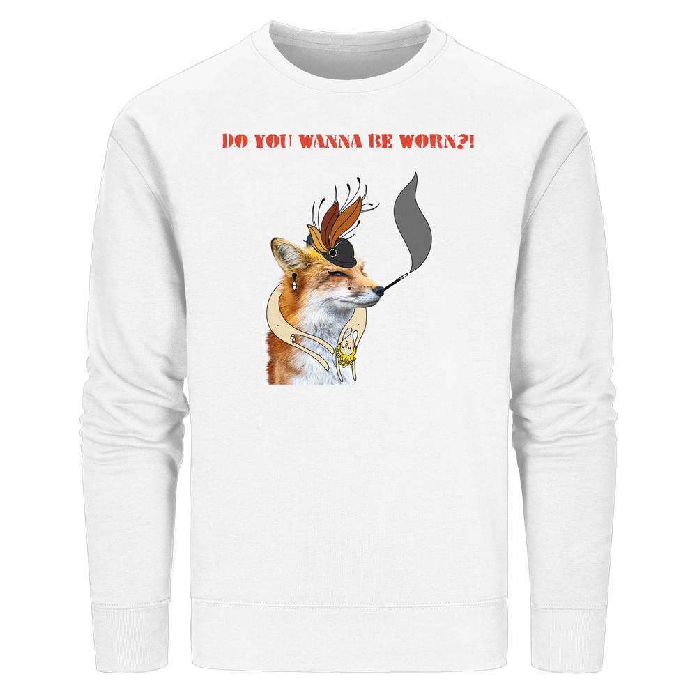 Vegan und Bio Unisex Sweatshirt: Mrs. Fox demonstriert gegen Pelz! Weißes Sweatshirt mit extravaganter Fuchsillustration und Slogan, designed für Tierrechtsbewusste.
