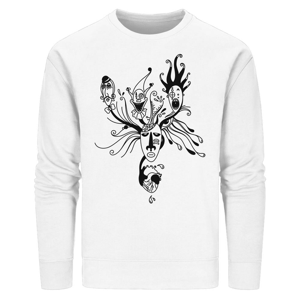 Vegan und Bio Unisex Sweatshirt: Mental Health - Behind the Mask mit surrealem, schwarzem Line-Art-Druck aus Gesicht, Herz und maskenartigen Kreaturen auf weißem, nachhaltigem Material.