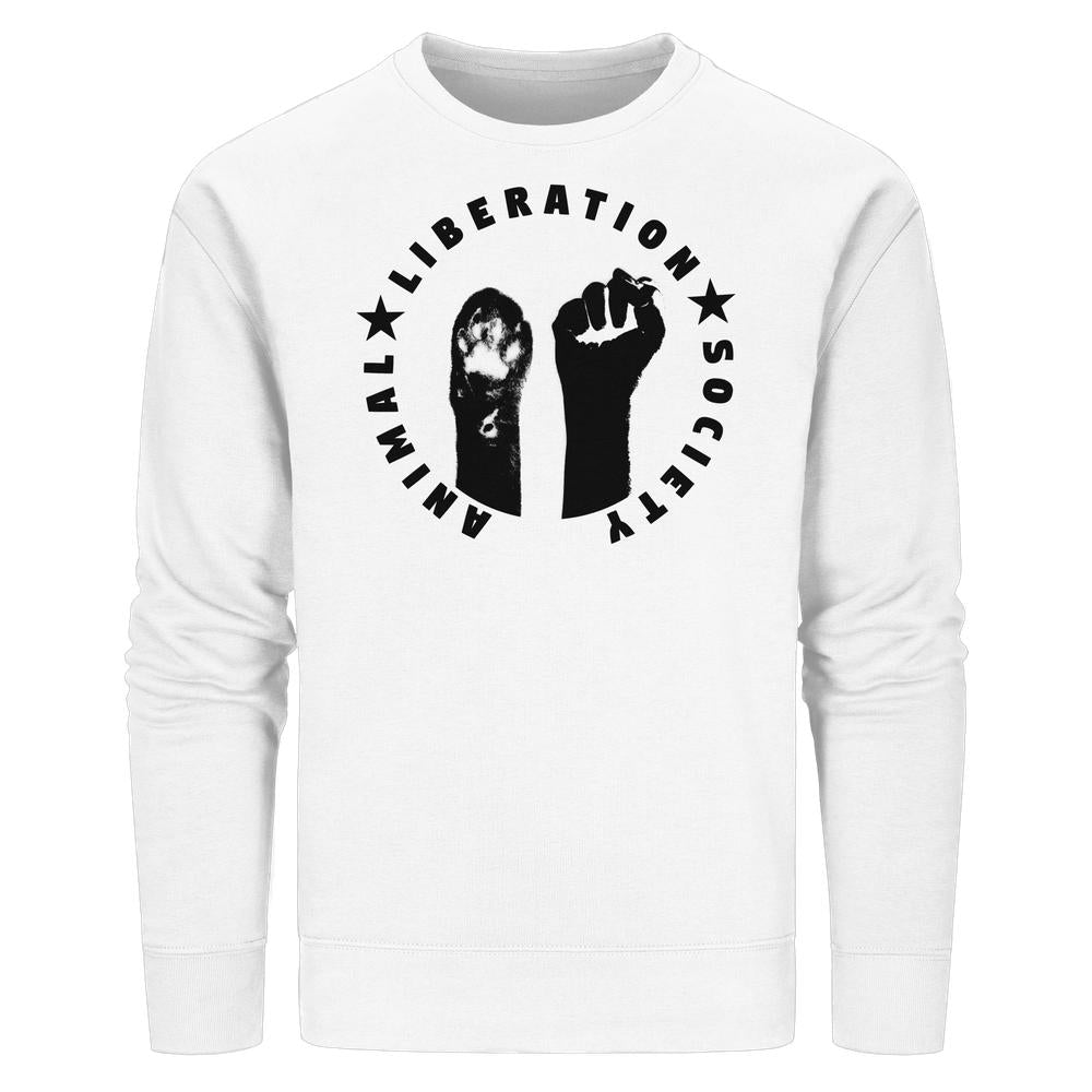 Vegan und Bio Unisex Sweatshirt: Raise paw and fist for Animal Liberation! Mit schwarzem Grafik-Emblem „ANIMAL LIBERATION SOCIETY“ aus Bio-Baumwolle und recyceltem Polyester.