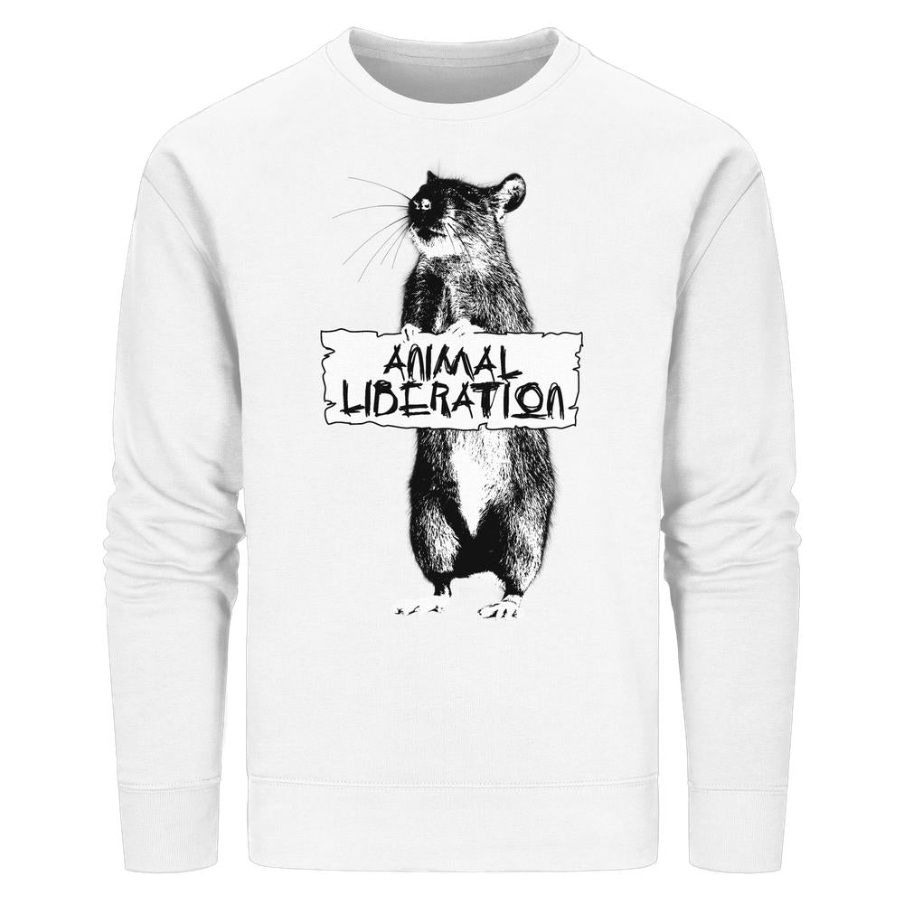 Unisex Sweatshirt Rat for Animal Liberation mit Rattenillustration und ANIMAL LIBERATION-Schild, inspiriert von Banksy, auf Bio-Baumwolle und recyceltem Polyester.