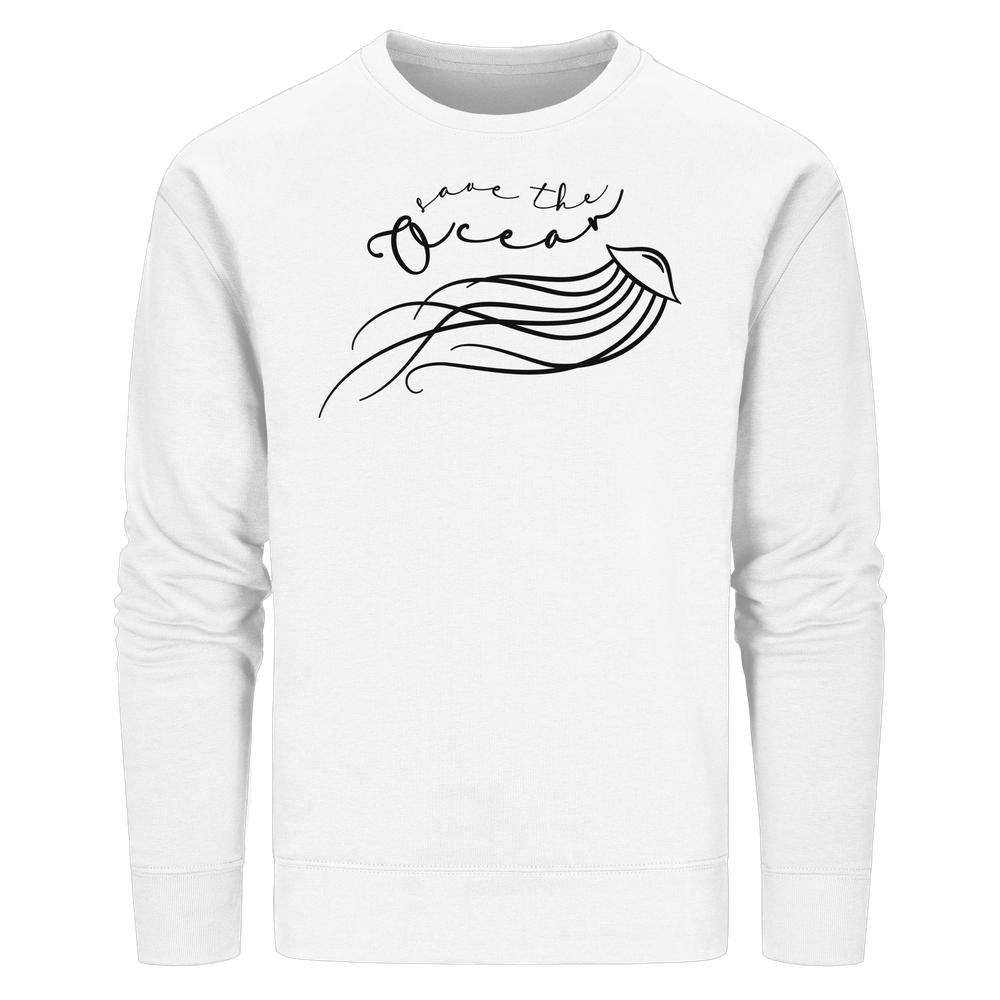 Vegan und Bio Unisex Sweatshirt: Jellyfish - Save the Ocean mit minimalistischer Quallen-Grafik und Save the Ocean-Schriftzug, aus Bio-Baumwolle und recyceltem Polyester, normale Passform.