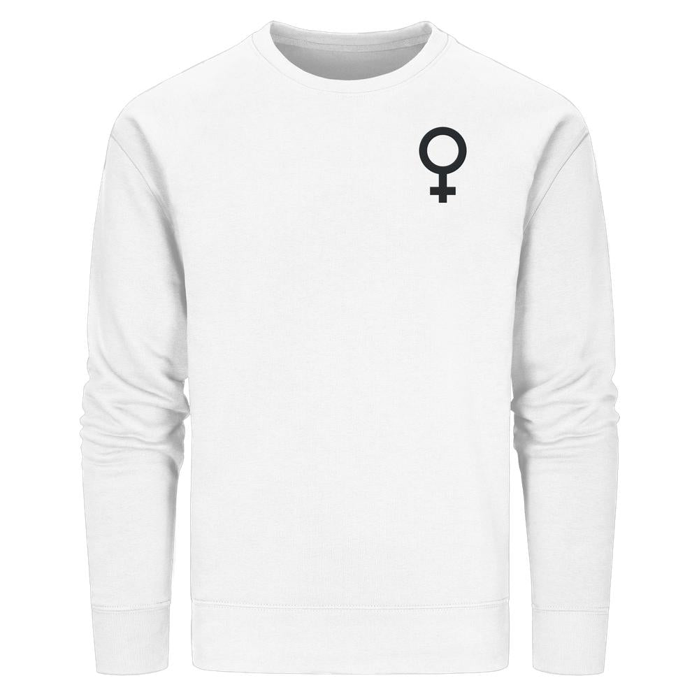 Vegan und Bio Sweatshirt bestickt: Das Venussymbol - der feministische Kampf, weißes Langarmshirt mit kleinem schwarzen Venussymbol auf der linken Brust, aus nachhaltiger Baumwolle.