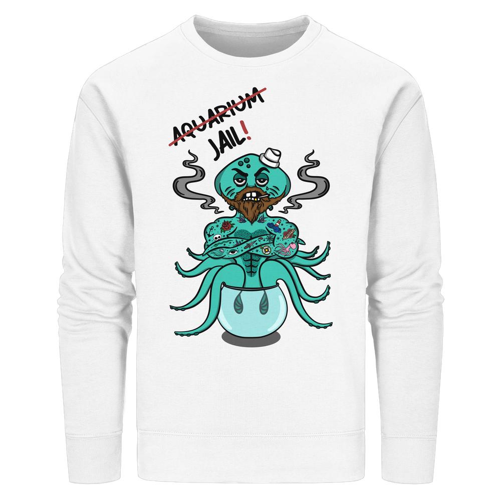 Vegan und Bio Unisex Sweatshirt: Animal Rights - Aquarium=Jail! zeigt einen Cartoon-Oktopus mit Tattoos, der in einem Fischglas sitzt.