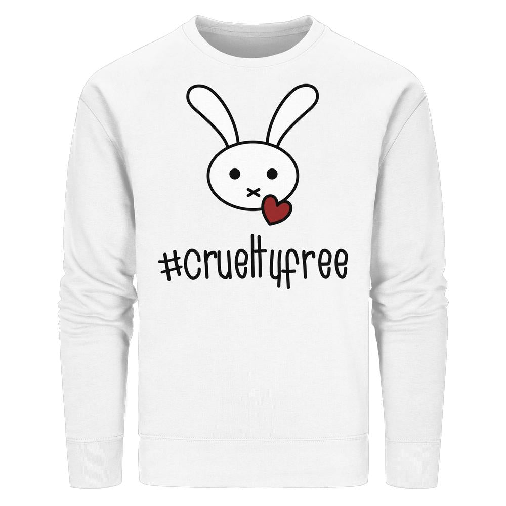 Vegan und Bio Unisex Sweatshirt: Crueltyfree Bunny BIG, zeigt ein Hasenmotiv mit rotem Herz und crueltyfree Schriftzug, auf Bio-Baumwolle gefertigt, normal geschnitten.