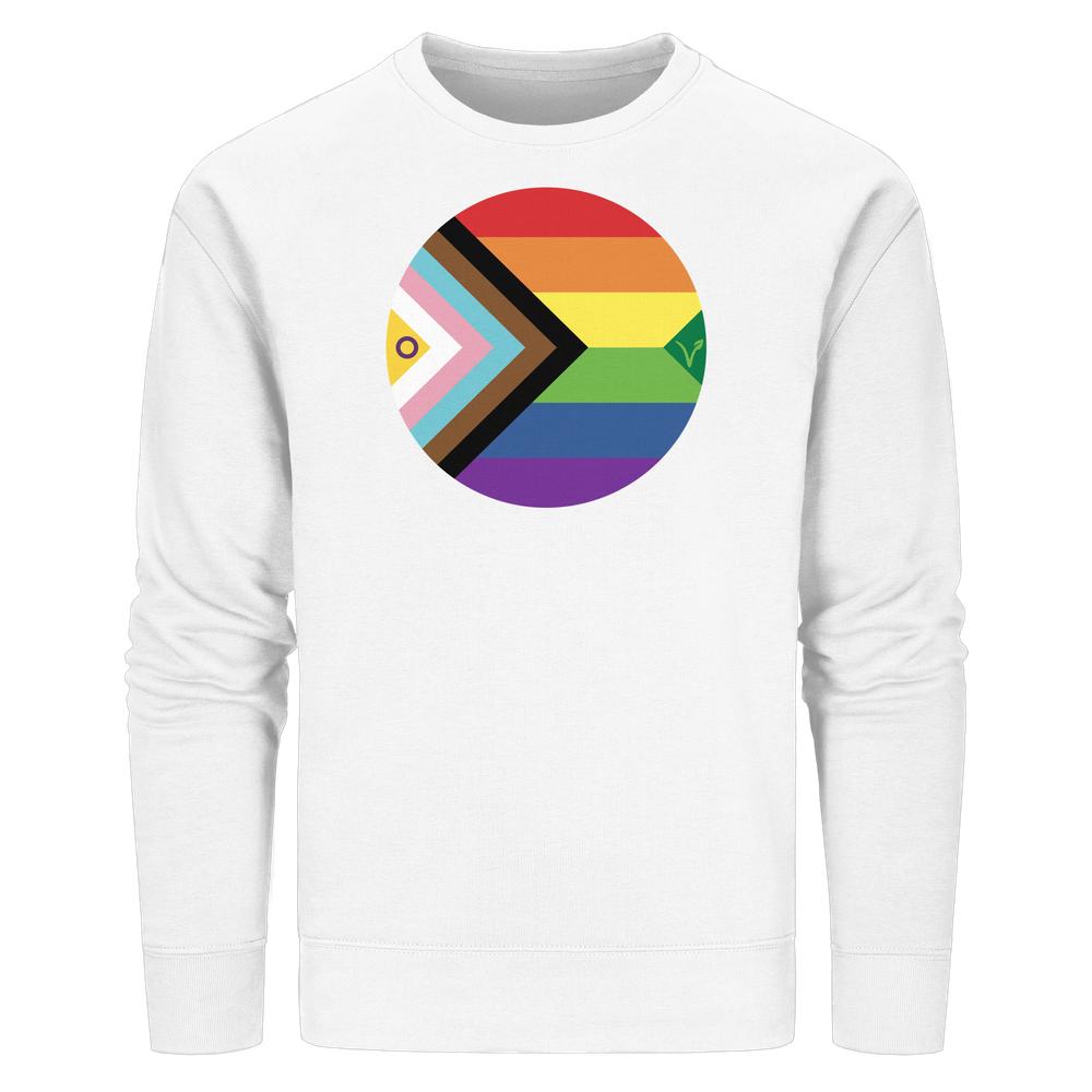 Vegan und Bio Unisex Sweatshirt mit LGBTQAI+ Veganismus-Grafik, zeigt eine erweiterte Pride-Flagge mit Veganismus-V, symbolisiert Rechte für Menschen und Tiere.