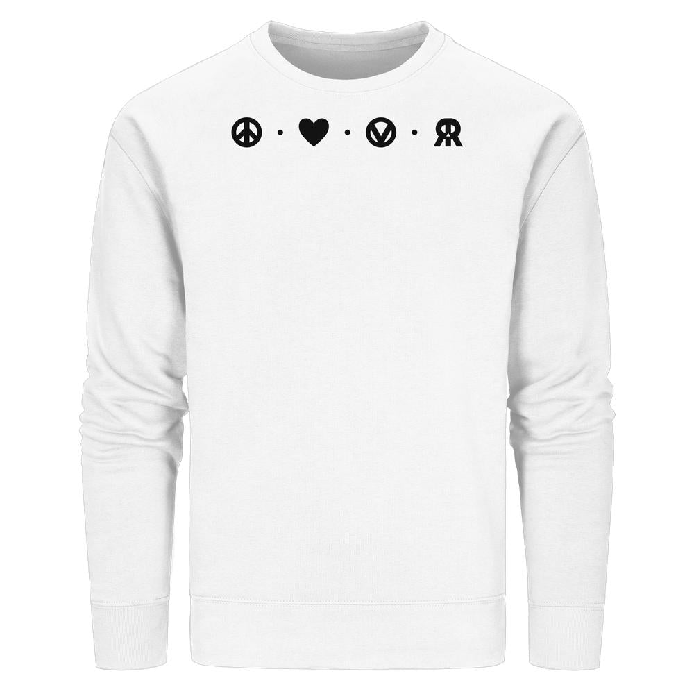 Vegan und Bio Unisex Sweatshirt: Peace - Love - Veganism - RUDE REBEL, weiß mit vier Symbolen: Friedenszeichen, Herz, Vegan-Symbol, rebellisches Emblem; aus Bio-Baumwolle und recyceltem Polyester.