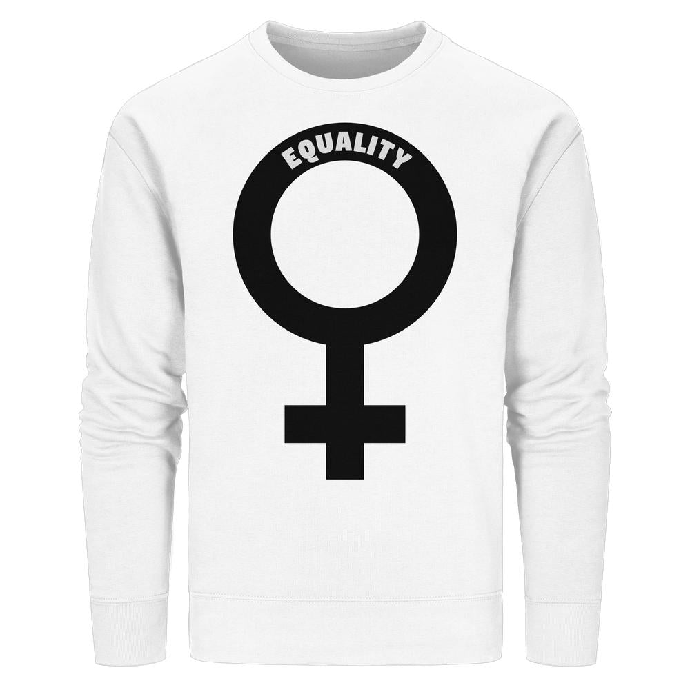 Weißes Unisex-Sweatshirt aus Bio-Baumwolle mit schwarzem ♀-Symbol und „EQUALITY“-Aufdruck, repräsentiert feministische Werte. Hergestellt von RUDE REBEL.