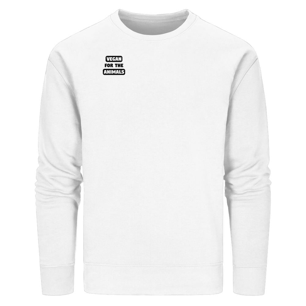 Unisex Sweatshirt mit weißem, langärmligem Design und VEGAN FOR THE ANIMALS-Textblock auf der Brust. Hergestellt aus Bio-Baumwolle und recyceltem Polyester.