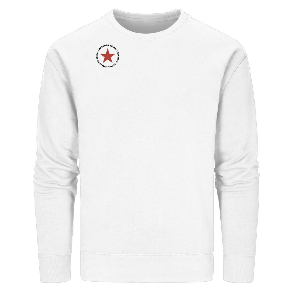 Vegan und Bio Unisex Sweatshirt: Red Star - Animal Liberation, weißes Sweatshirt mit rotem Stern und schwarzem Schriftzug, symbolisiert Tierrechtsbotschaft. Nachhaltige Materialien, normale Passform.