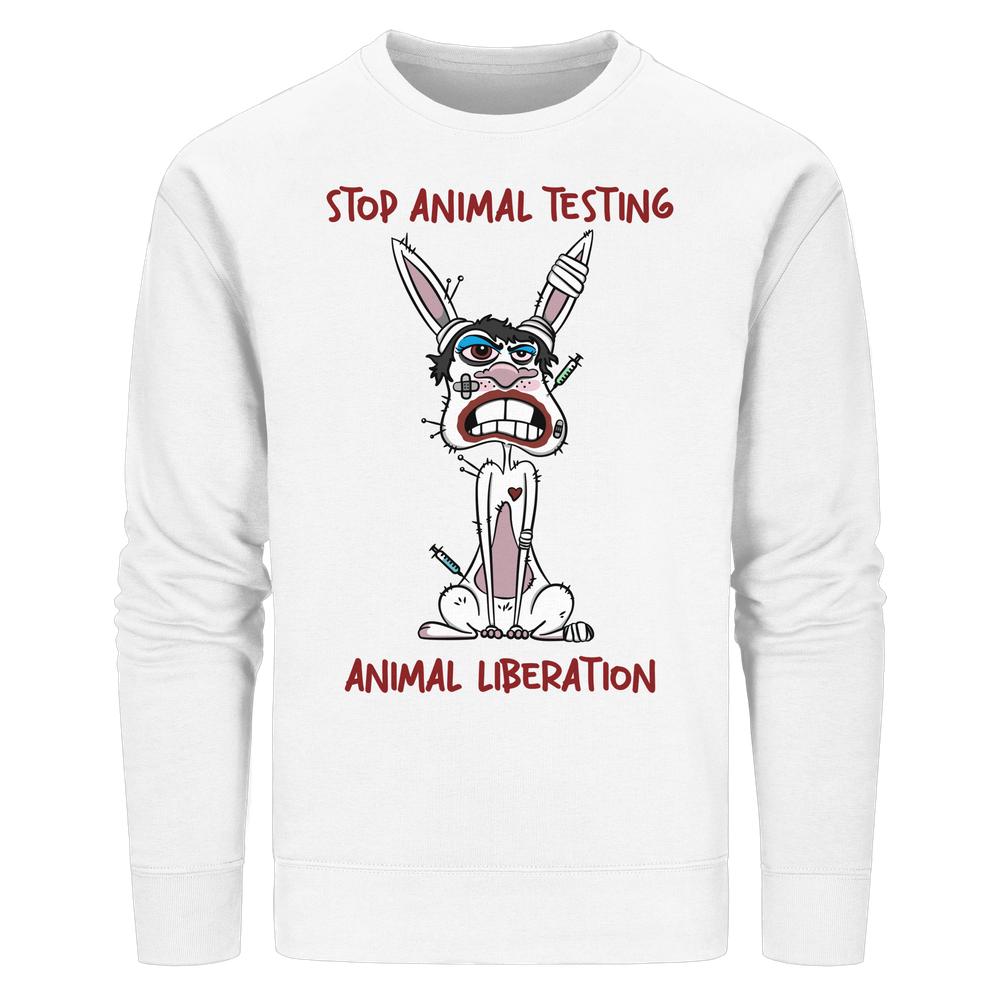 Vegan und Bio Unisex Sweatshirt: Weißes Sweatshirt mit Cartoon-Häschen, das Tierversuche thematisiert. Aufdruck: „STOP ANIMAL TESTING“ und „ANIMAL LIBERATION“. Rebellisches Design von RUDE REBEL.
