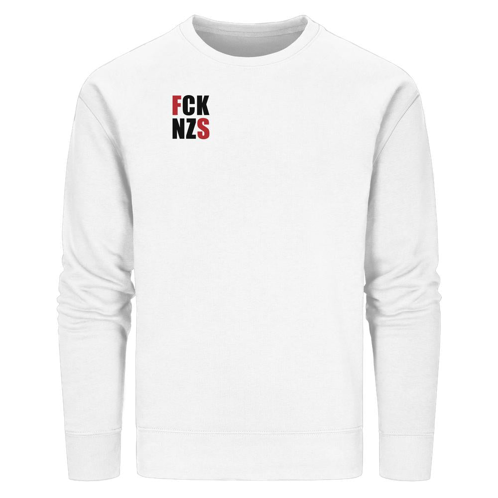 Vegan und Bio Unisex Sweatshirt: FCK NZS mit roten Highlights auf weißem langärmligen Crewneck, betont nachhaltige und rebellische Designphilosophie von RUDE REBEL.