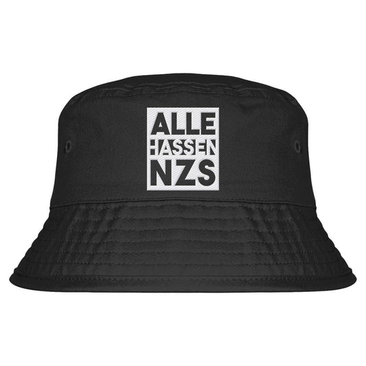 Vegan und Bio Bucket Hat: ALLE HASSEN NAZS, schwarzer Hut mit weißem Slogan-Print, aus 100% Bio-Baumwolle, unisex, mit Belüftungsösen, bietet Sonnenschutz UPF50+.
