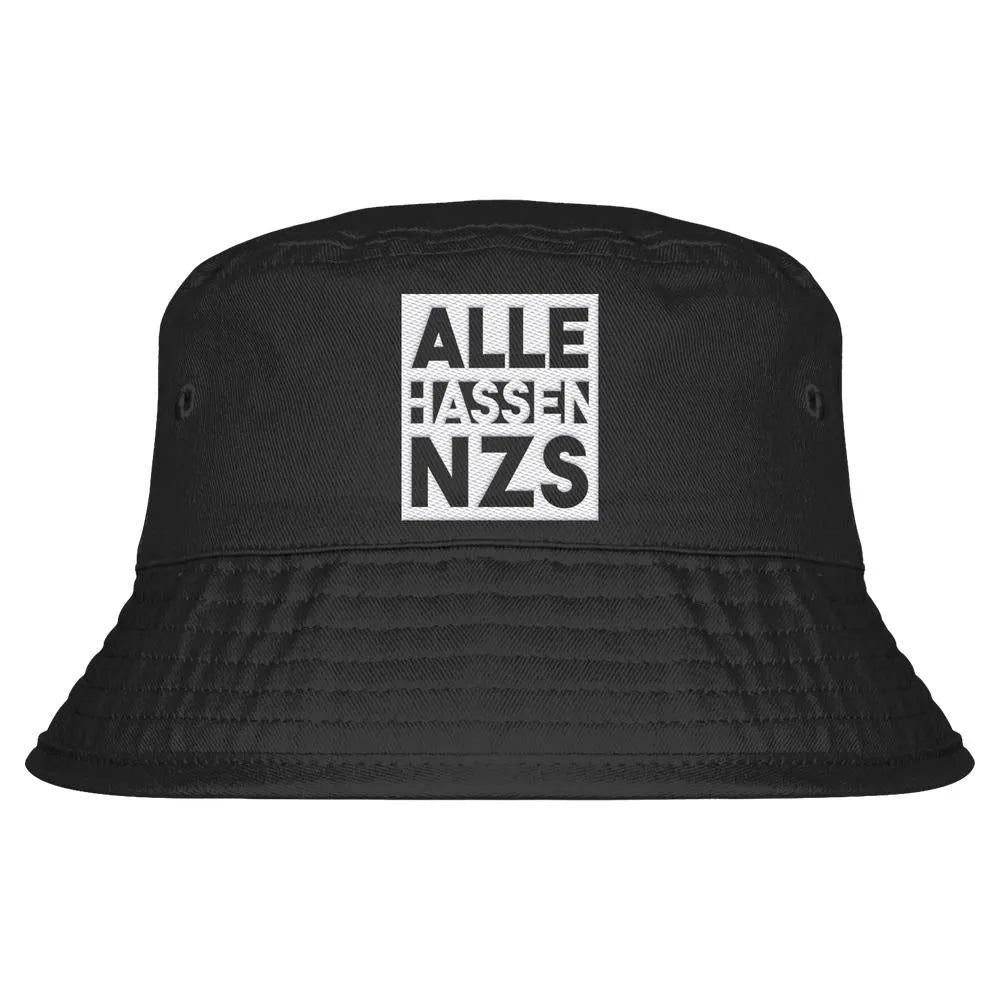 Schwarzer Bucket-Hut mit besticktem Schriftzug „ALLE HASSEN NAZS“