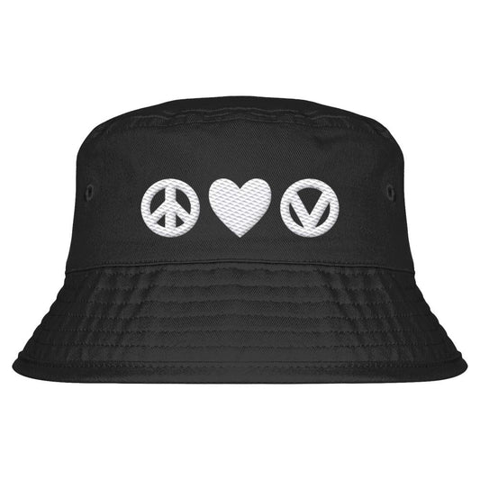 Vegan und Bio Bucket Hat: Love - Peace - Veganism, schwarzer Hut mit weißen Symbolen für Frieden, Liebe und Veganismus. 100% Bio-Baumwolle, Unisex, handwaschbar.