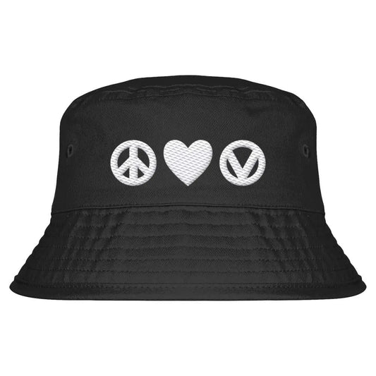 Schwarzer Bucket-Hut mit besticktem Herz, Frieden- und Vegan-Symbol