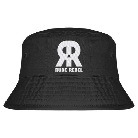 Vegan und Bio Bucket Hat: RUDE REBEL Skull zeigt ein schwarzes Design mit weißem RR-Logo und RUDE REBEL-Schriftzug, aus 100% Bio-Baumwolle, unisex, UPF50+.