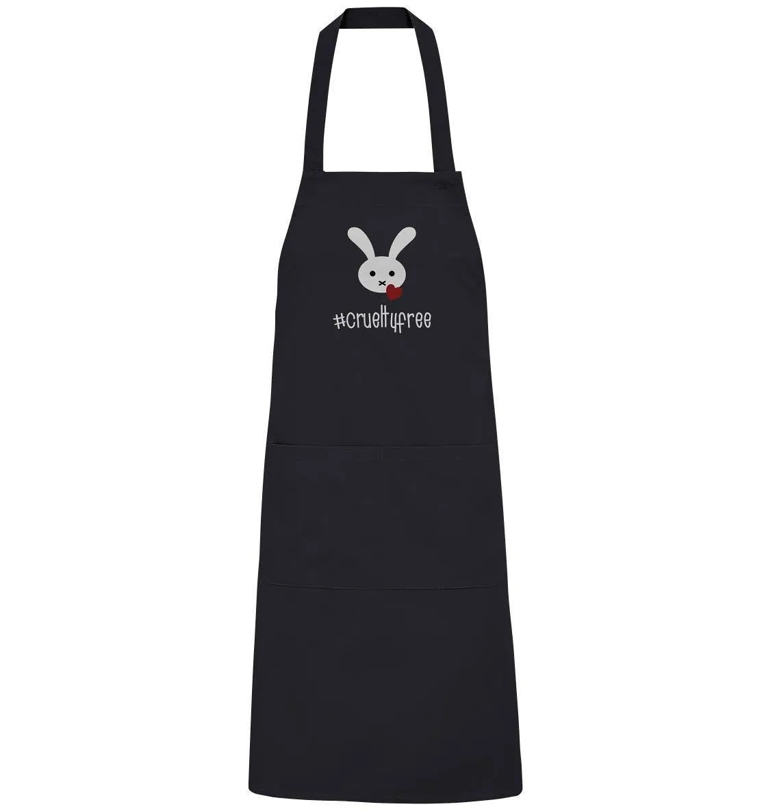 Schwarze Schürze mit Hasenmotiv und #crueltyfree, breite Träger und lange Latzform