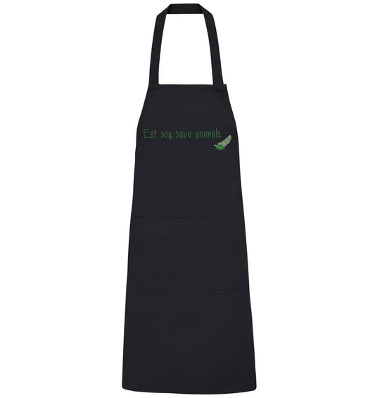 Schwarze Schürze mit grüner Aufschrift „Eat soy, save animals“