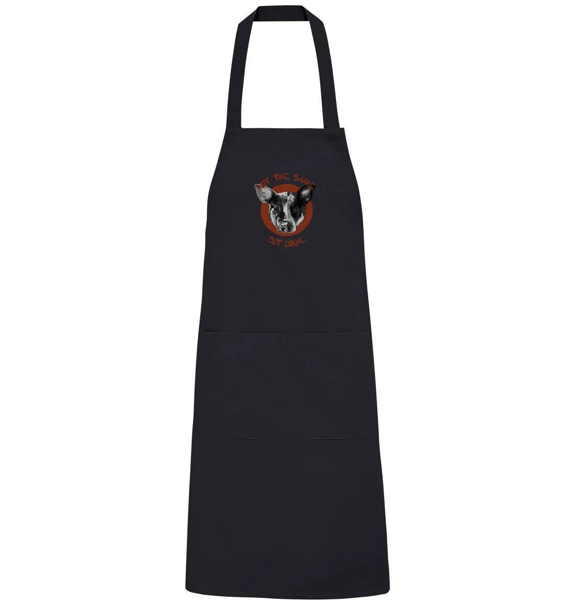 Schwarze Schürze mit Ferkel-Motiv in der Mitte, schmaler Träger