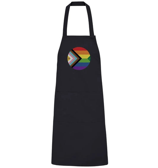 Schwarze Schürze mit rundem Regenbogen-Emblem vorne