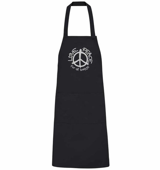 Vegane Bio-Schürze, schwarze Küchenschürze mit LOVE and PEACE-Print