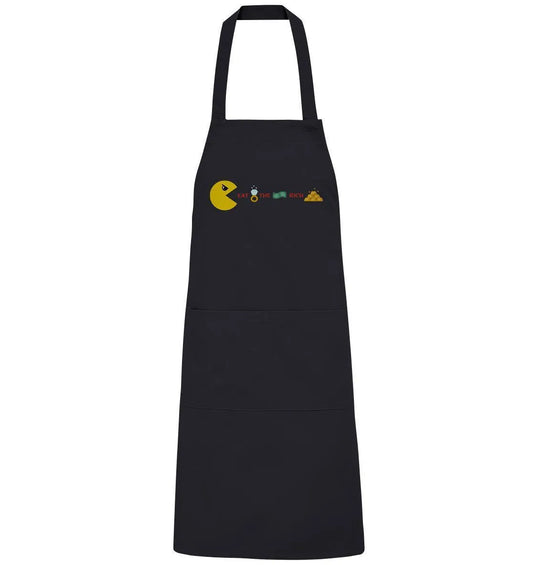 Schwarze Schürze mit PAC-MAN Motiv vorne und breitem Bindeband am Hals