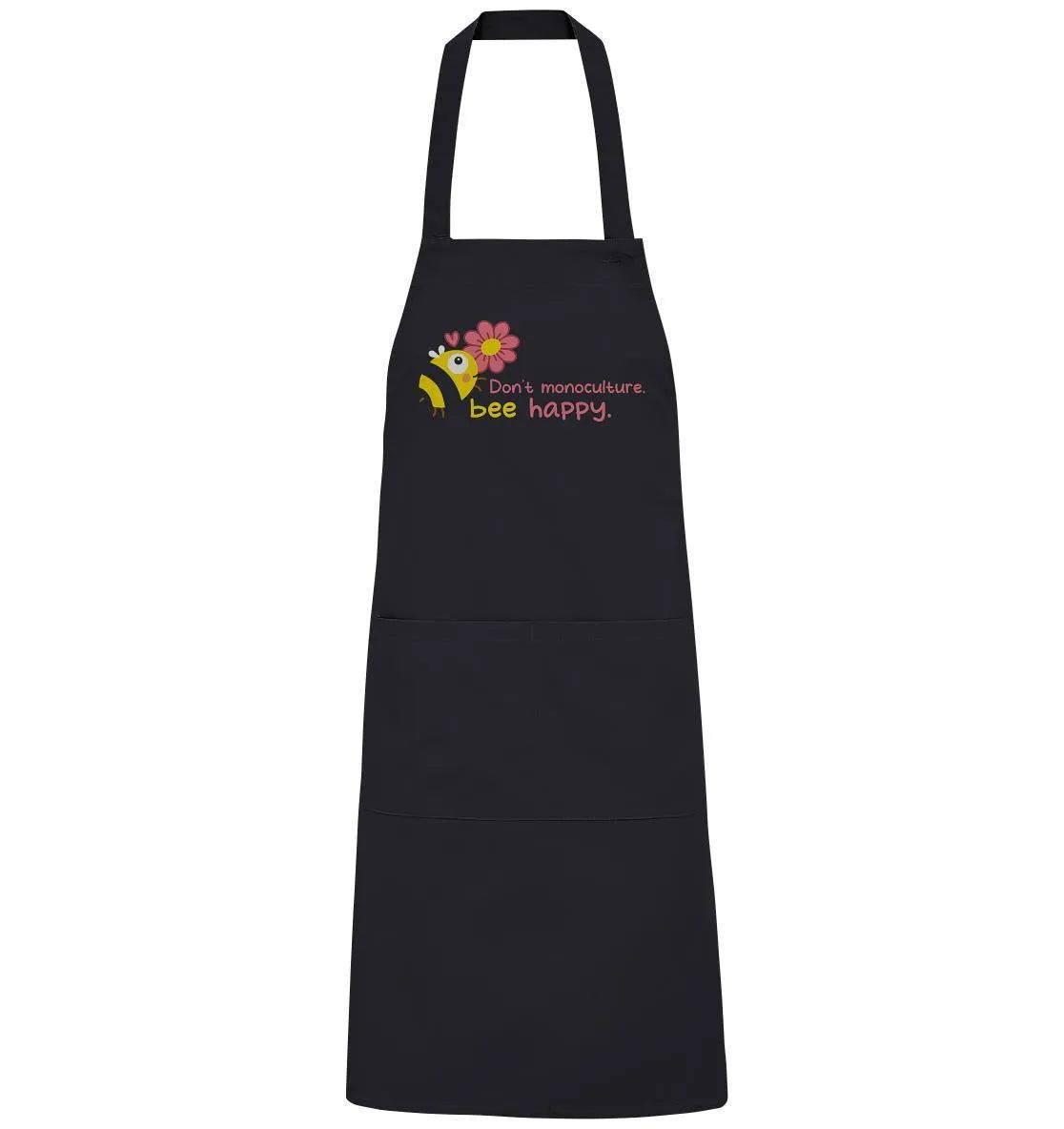 Schwarze Schürze mit Bienenmotiv und Schriftzug „bee happy“.